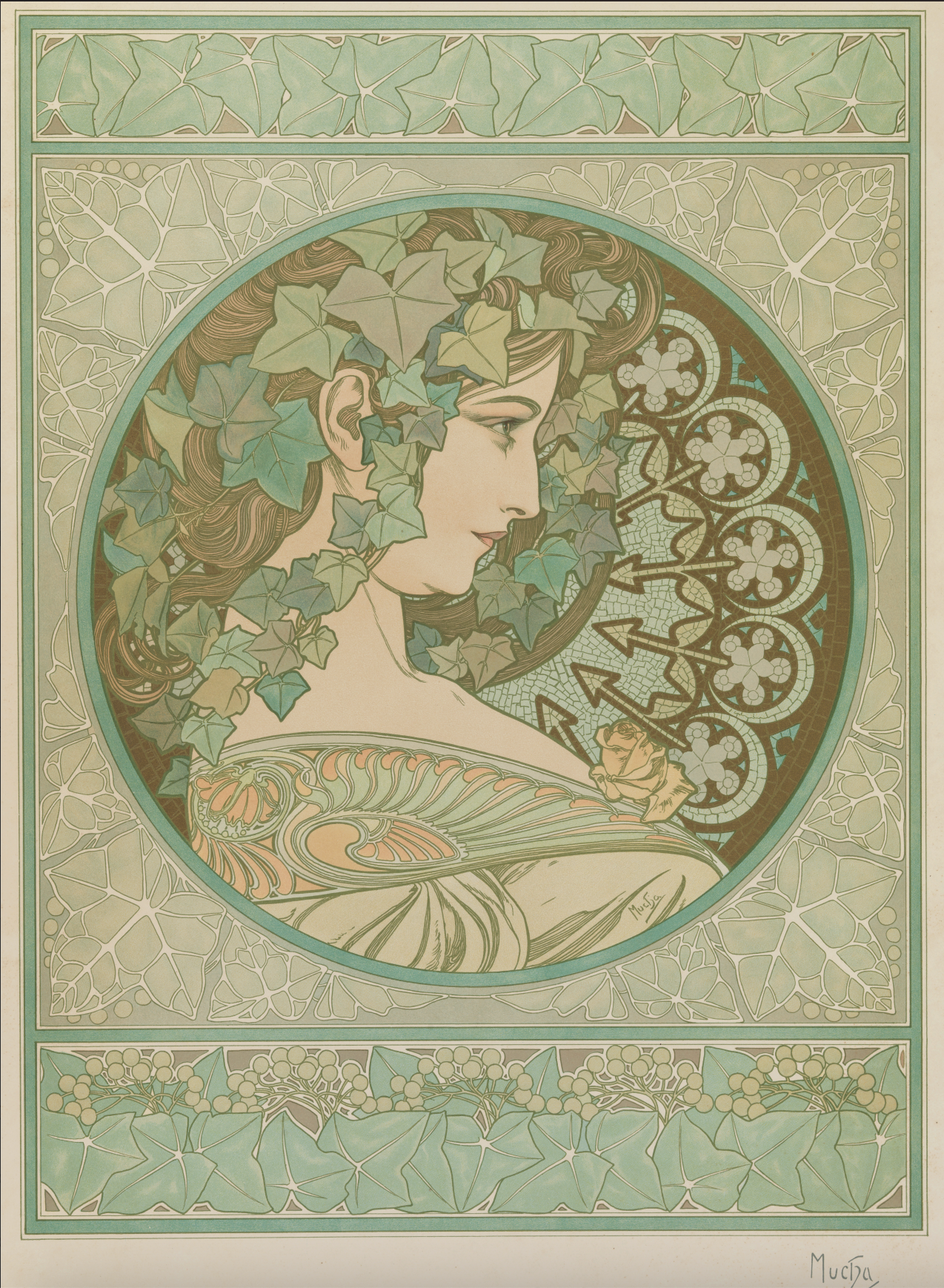 Alphonse Mucha, Ivy, 1901, 25-1/2 x 19-3/8 inches. Color lithograph, Photograph by Edward Pollard, Image courtesy of the Chrysler Museum of Art © Alphonse Mucha